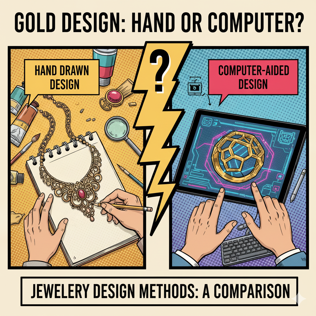 طراحی طلا با دست یا کامپیوتر؟ مقایسه کامل روش‌های طراحی جواهر